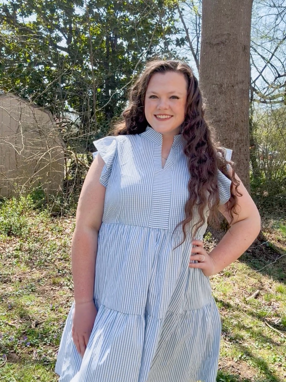 Light Blue Striped Midi Dress with Flutter Sleeves